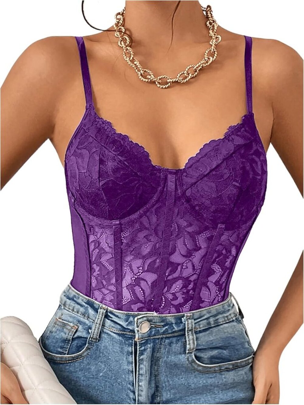 Women's Purple Underwire Sheer Mesh Bustier Spaghetti Bodysuit Lace Corset Top